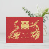 Chinese Wedding Dragon-Phoenix Double Xi Red Gold Invitation (Standing Front)
