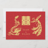 Chinese Wedding Dragon-Phoenix Double Xi Red Gold Invitation (Front)