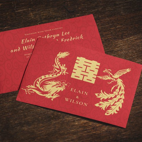 Chinese Wedding Dragon_Phoenix Double Xi Red Gold Invitation