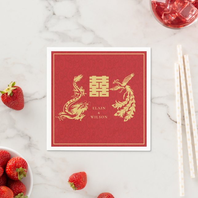 Chinese Wedding Dragon-Phoenix Double Xi Red Gold Napkins (Insitu)