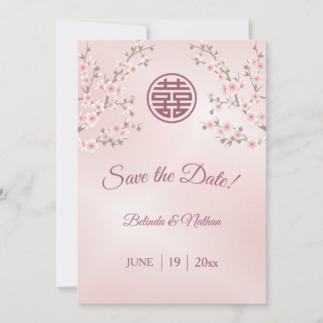 Chinese Wedding Dusty Pink Cherry Blossom  Save The Date (Front)
