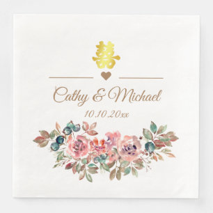 Chinese wedding elegant rustic dusty pink floral paper dinner napkins