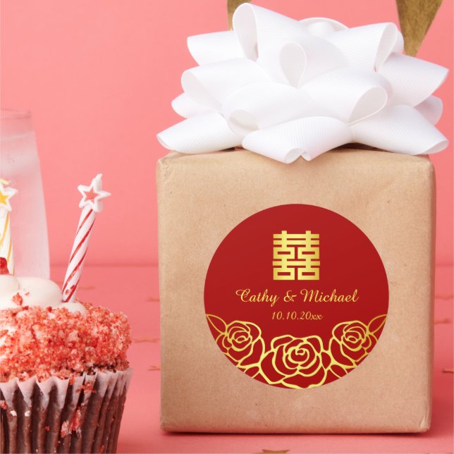 Chinese wedding floral rose papercut red and gold  classic round sticker (Party)
