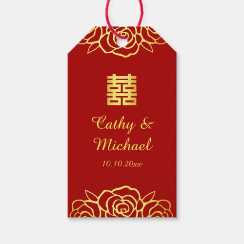 Chinese wedding floral rose papercut red and gold  gift tags