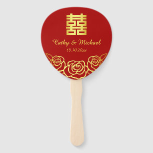 Chinese wedding floral rose papercut red and gold hand fan