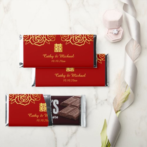 Chinese wedding floral rose papercut red and gold hershey bar favors