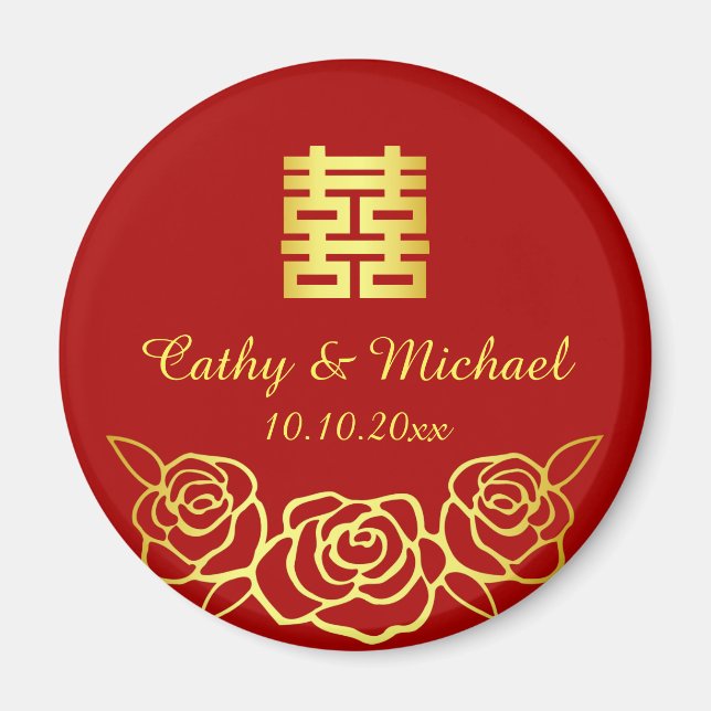 Chinese wedding floral rose papercut red and gold magnet (Front)