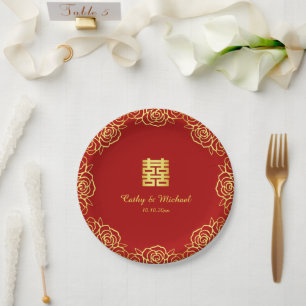 Chinese wedding floral rose papercut red and gold paper plates