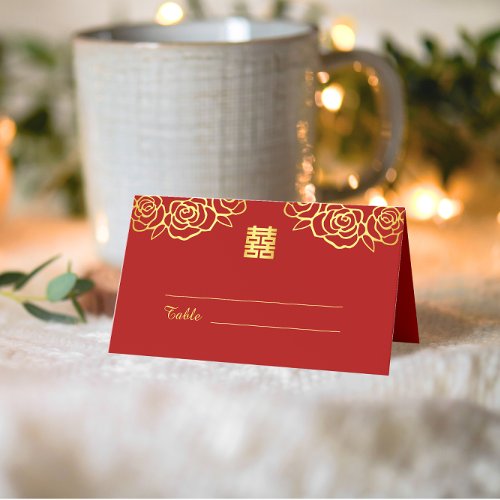 Chinese wedding floral rose papercut red and gold place card