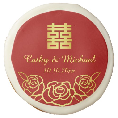 Chinese wedding floral rose papercut red and gold sugar cookie