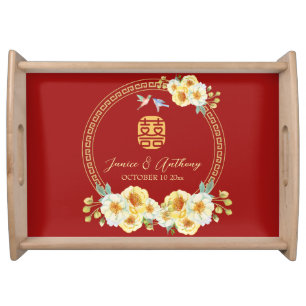 Chinese wedding frame red floral bird serving tray