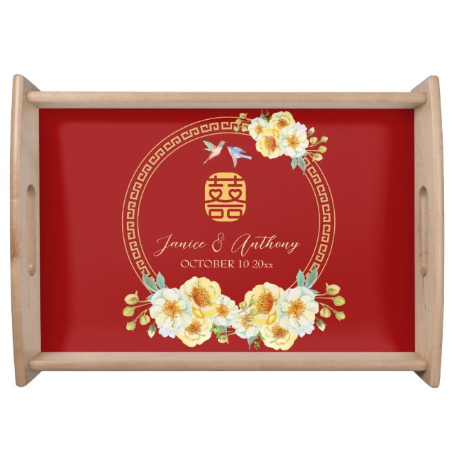 Chinese wedding frame red floral bird serving tray (Front)
