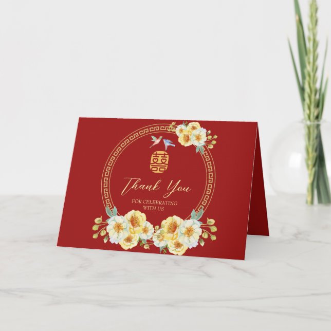 Chinese wedding frame red floral bird  thank you card (Front)