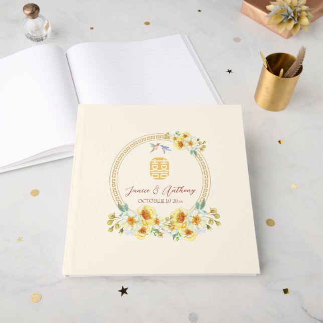 Chinese wedding frame yellow floral bird elegant guest book (Front Open)