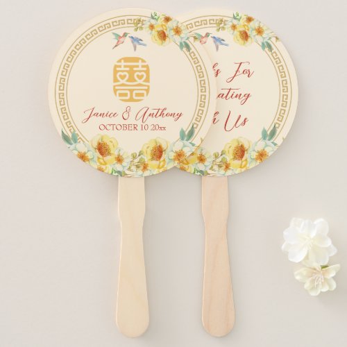 Chinese wedding frame yellow floral bird elegant hand fan
