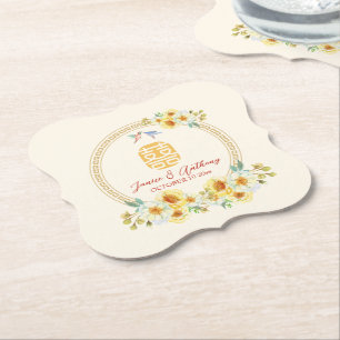 Chinese wedding frame yellow floral bird elegant paper coaster
