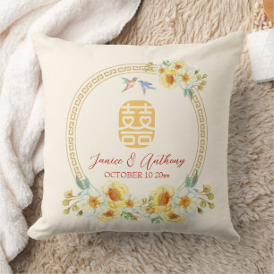 Chinese wedding frame yellow floral bird throw pillow