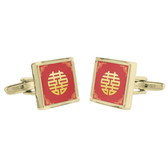 Chinese wedding golden frame double xi cufflinks (Angled)