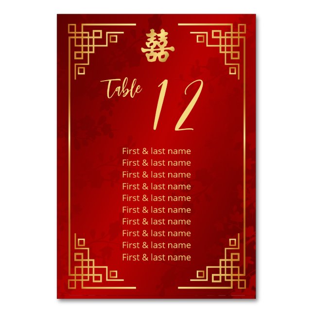 Chinese Wedding Guest Names  Table Number (Front)