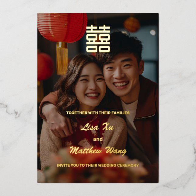  Chinese Wedding Photo Gold Foil Invitation (Front)