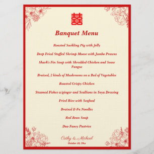 Chinese wedding red beige floral frame oriental menu