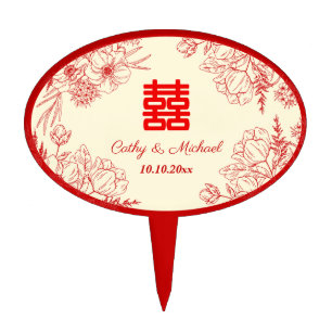 Chinese wedding red beige floral oriental cake topper