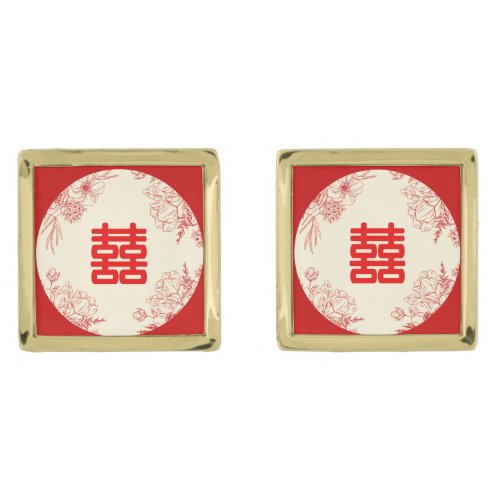 Chinese wedding red beige floral oriental cufflinks