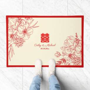Chinese wedding red beige floral oriental doormat