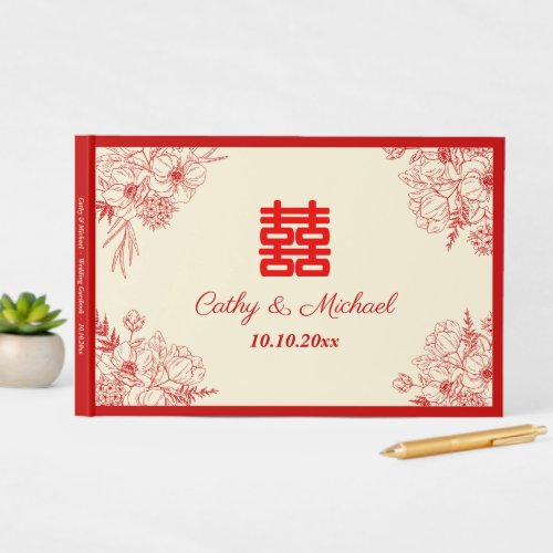 Chinese wedding red beige floral oriental guest book