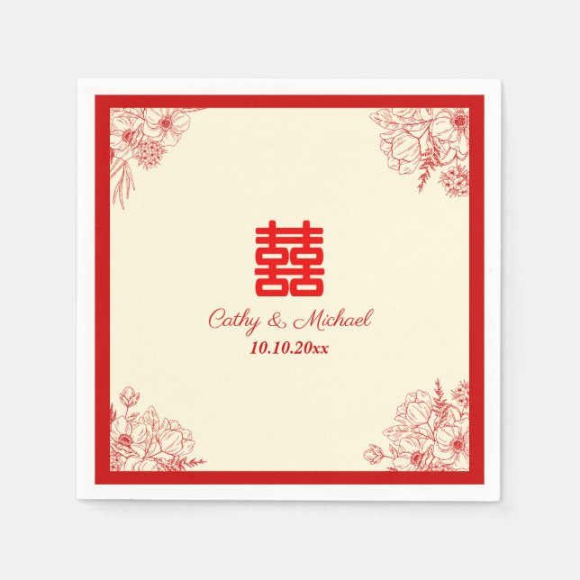 Chinese wedding red beige floral oriental napkins (Front)