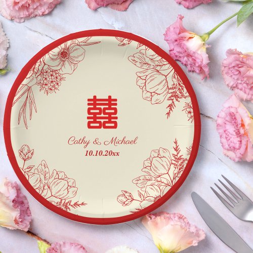 Chinese wedding red beige floral oriental paper plates
