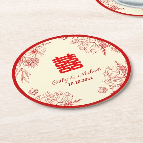 Chinese wedding red beige floral oriental round paper coaster