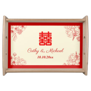 Chinese wedding red beige floral oriental serving tray