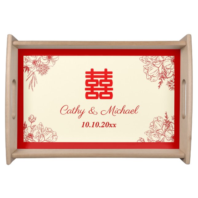 Chinese wedding red beige floral oriental serving tray (Front)