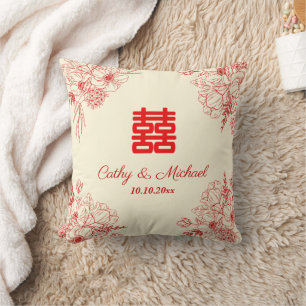 Chinese wedding red beige floral oriental throw pillow