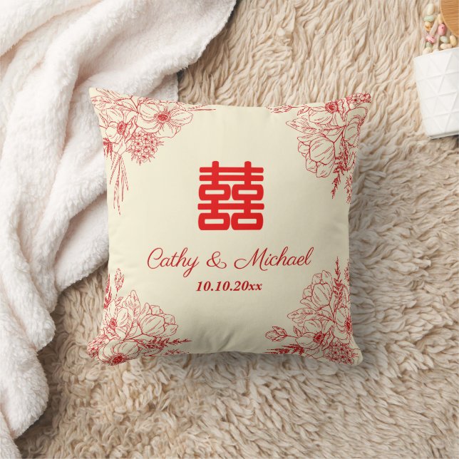 Chinese wedding red beige floral oriental throw pillow (Blanket)