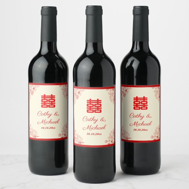 Chinese wedding red beige floral oriental wine label (Bottles)