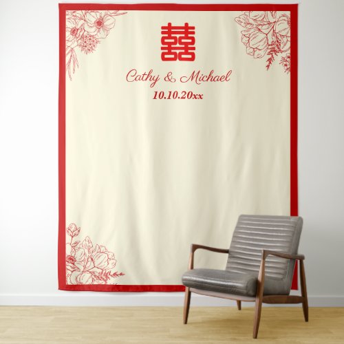 Chinese wedding red beige floral photo backdrop