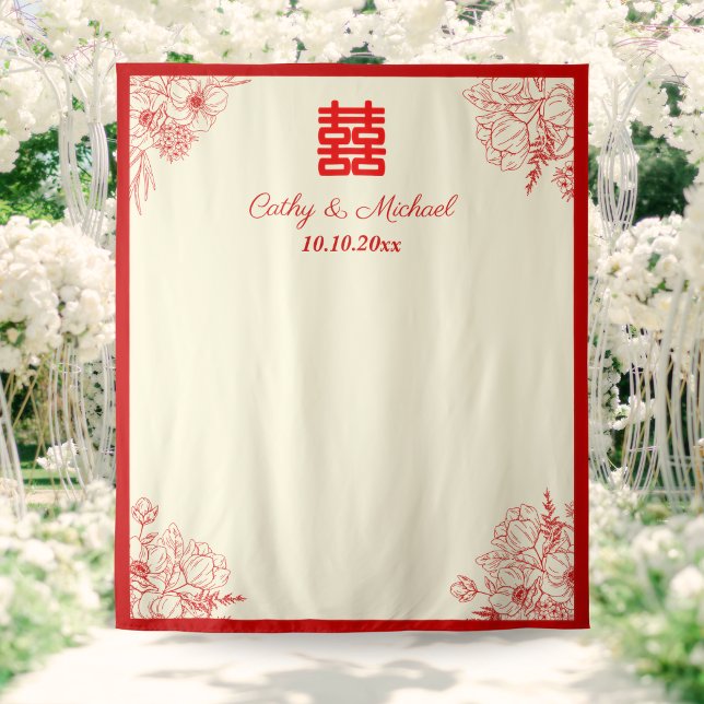 Chinese wedding red beige floral photo backdrop (Creator Uploaded)