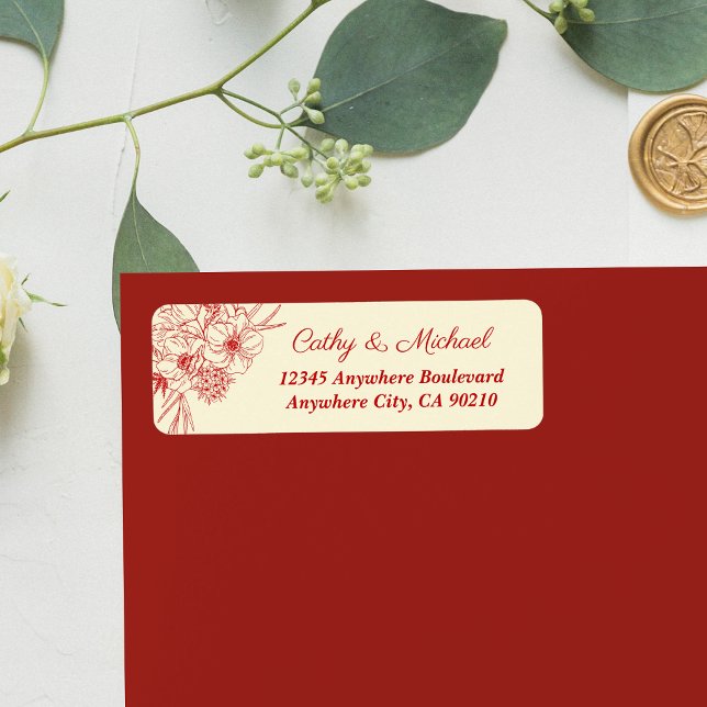 Chinese wedding red beige floral return address label (Creator Uploaded)