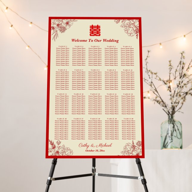 Chinese wedding red floral frame seating chart foam board (In Situ (Stand))