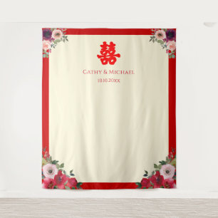 Chinese wedding red floral tea ceremony backdrop