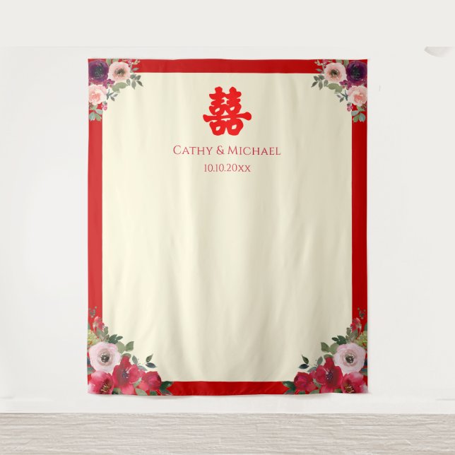 Chinese wedding red floral tea ceremony backdrop (Front)