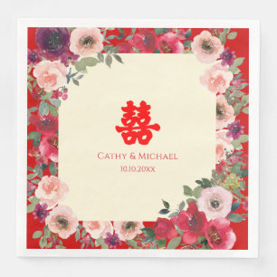 Chinese wedding red garden floral double happiness paper dinner napkins