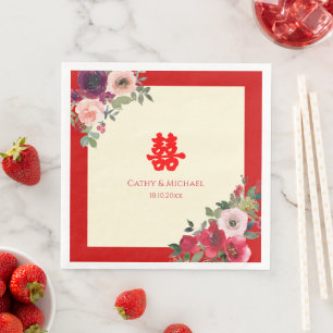 Chinese wedding red garden floral double happiness paper dinner napkins