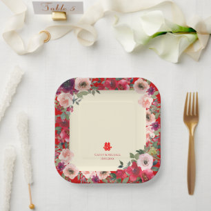 Chinese wedding red garden floral double happiness paper plates