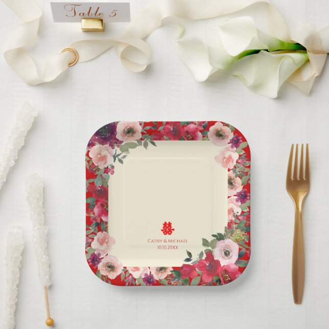 Chinese wedding red garden floral double happiness paper plates (Wedding)