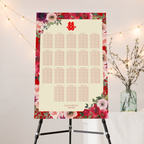 Chinese wedding red garden floral seating chart foam board