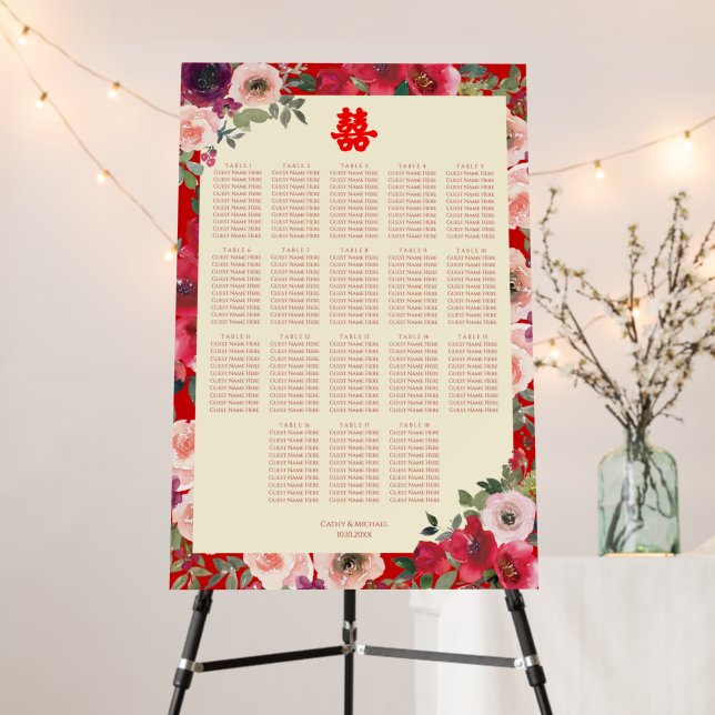 Chinese wedding red garden floral seating chart foam board (In Situ (Stand))