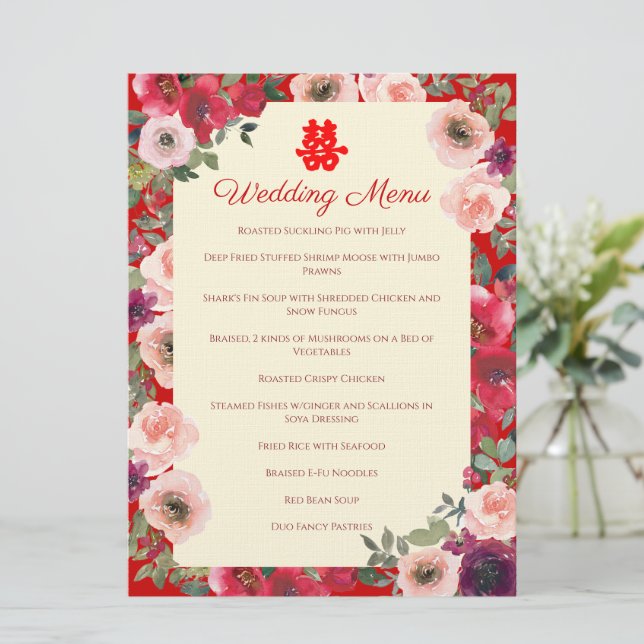 Chinese wedding red purple floral garden menu (Standing Front)